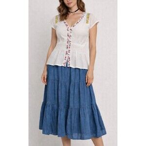 Fossil Blouse Size L Boho Embroidered Clip Dot White Multi Color